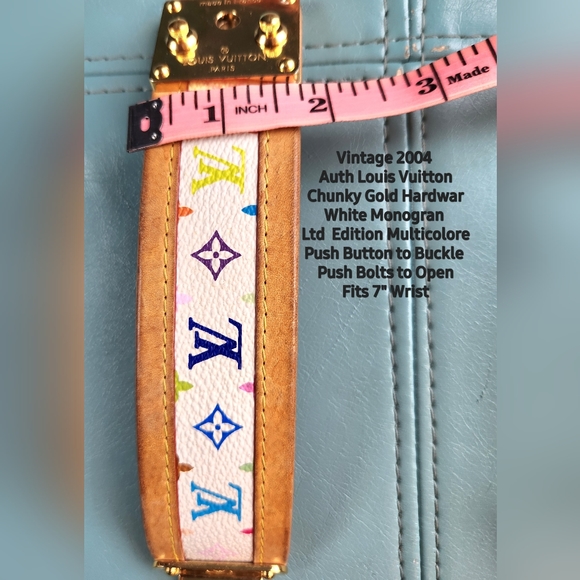 VTG LOUIS VUITTON White Monogram Multicolor 2004 Wide Gold Chunky Latch Bracelet - Picture 5 of 16